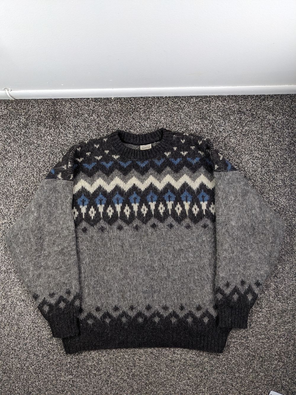 Vintage Hilda LTD Sweater Wool Fair Isle Gray Blue Mens XL Iceland Made
